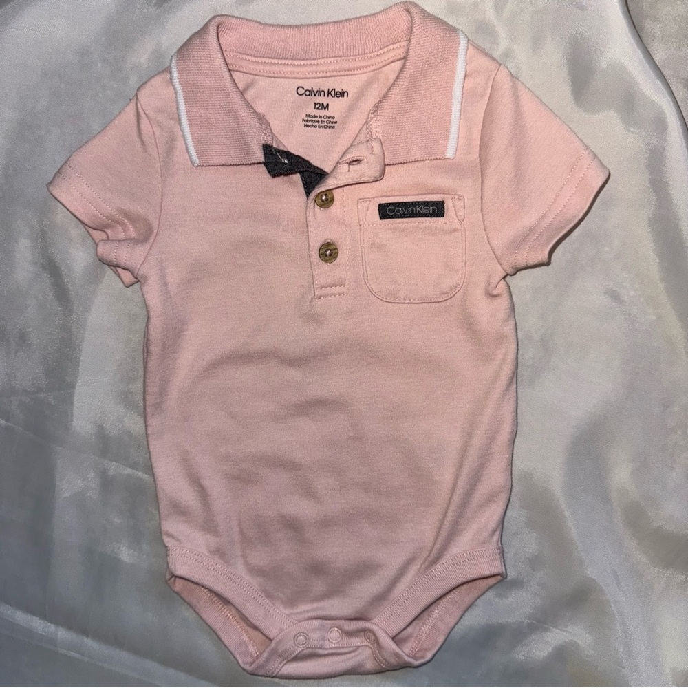 Calvin Klein Baby Pink Polo Onesie Collar Buttons‎ s/s 12 mos Casual Preppy Y2K